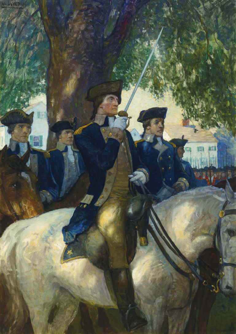 ナサニエル・ワイエス『ケンブリッジで大陸軍の指揮を執るワシントンが国旗に敬意を表する』